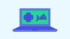 dessin d'un ordinateur portable avec les logos de python et Julia sur l'écran