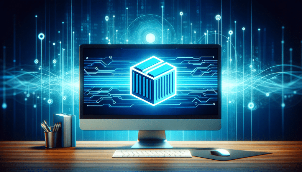 L'image représente un écran d'ordinateur moderne en format 16:9 affichant le logo vibrant de Docker au centre. L'arrière-plan comporte des motifs numériques abstraits symbolisant le flux de données et la connectivité. L'ensemble évoque une atmosphère professionnelle et technologique, mettant en lumière le concept de conteneurisation et de développement d'applications avec Docker.