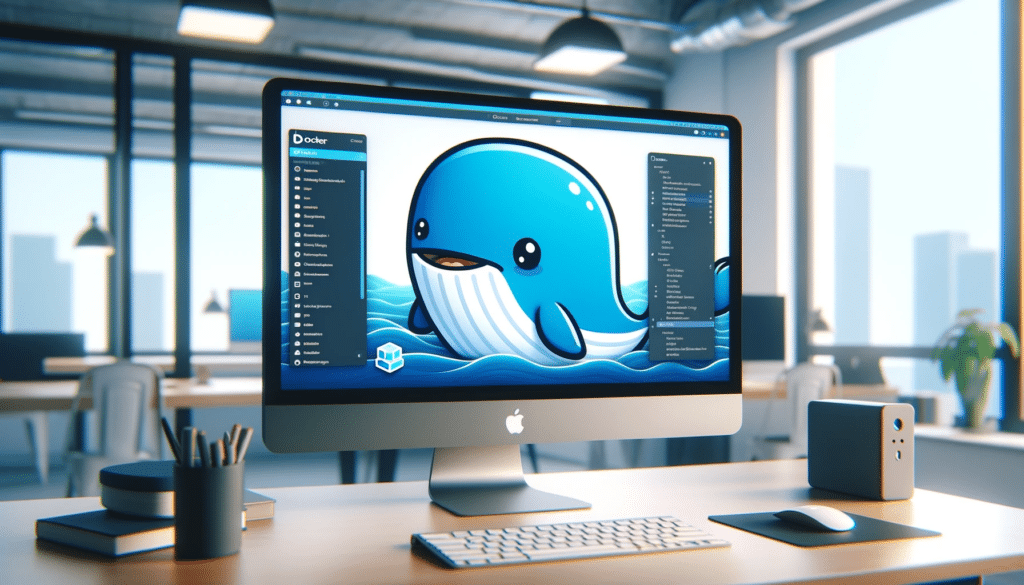 Un écran d'ordinateur affichant l'application Docker Desktop avec une baleine dessinée, symbole de Docker, interagissant avec l'interface utilisateur de Docker Desktop, dans un espace de travail moderne et orienté technologie, illustrant l'utilisation de Docker Desktop pour la gestion de conteneurs et le développement d'applications.