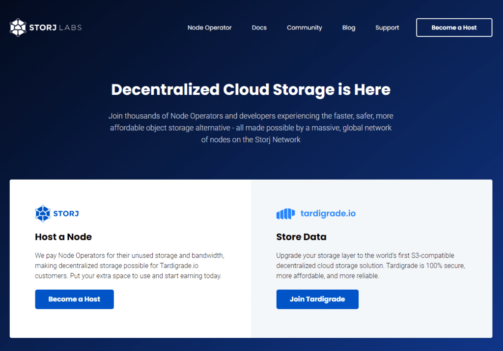 capture d'écran de la homepage de Storj.io