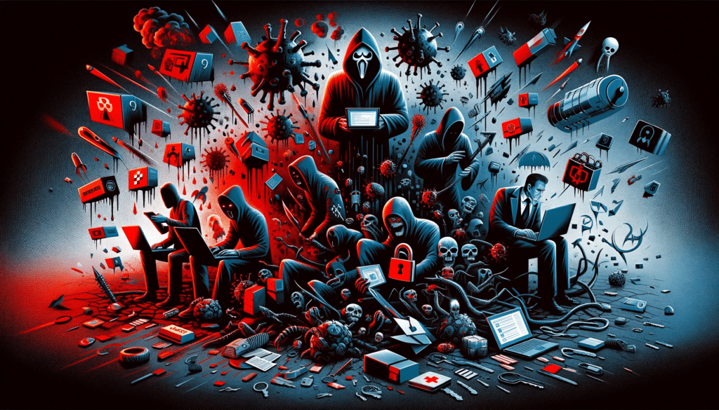 Illustration pour un article sur les menaces en cybersécurité, montrant des virus informatiques, des fichiers cassés, et d'autres vulnérabilités numériques, dans une palette de couleurs sombres telles que le rouge, le noir et le gris.