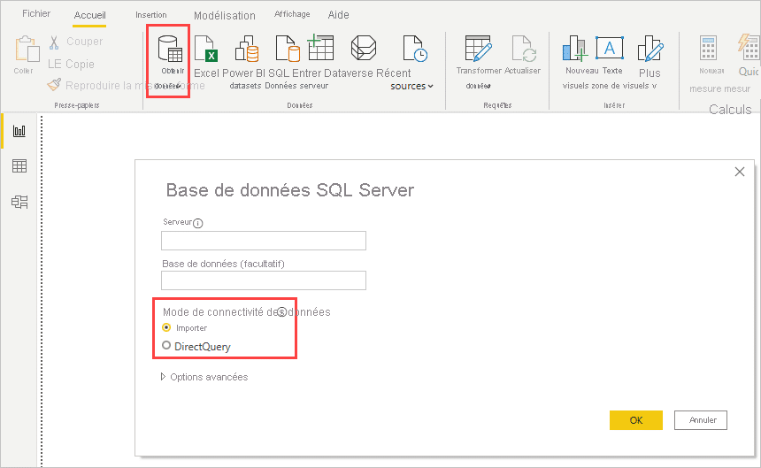 capture d'écran de DirectQuery dans Power BI