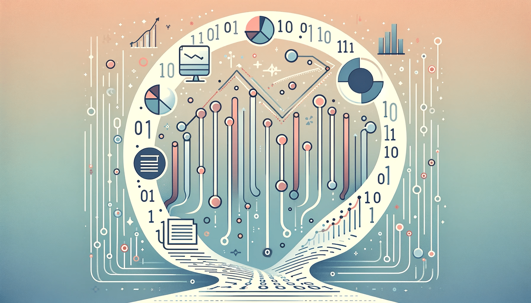 flux de chiffres binaires corrects (uniquement '0' et '1') se transformant en icônes simplifiées de différents types de données comme un graphique linéaire, un camembert, et un symbole de document.