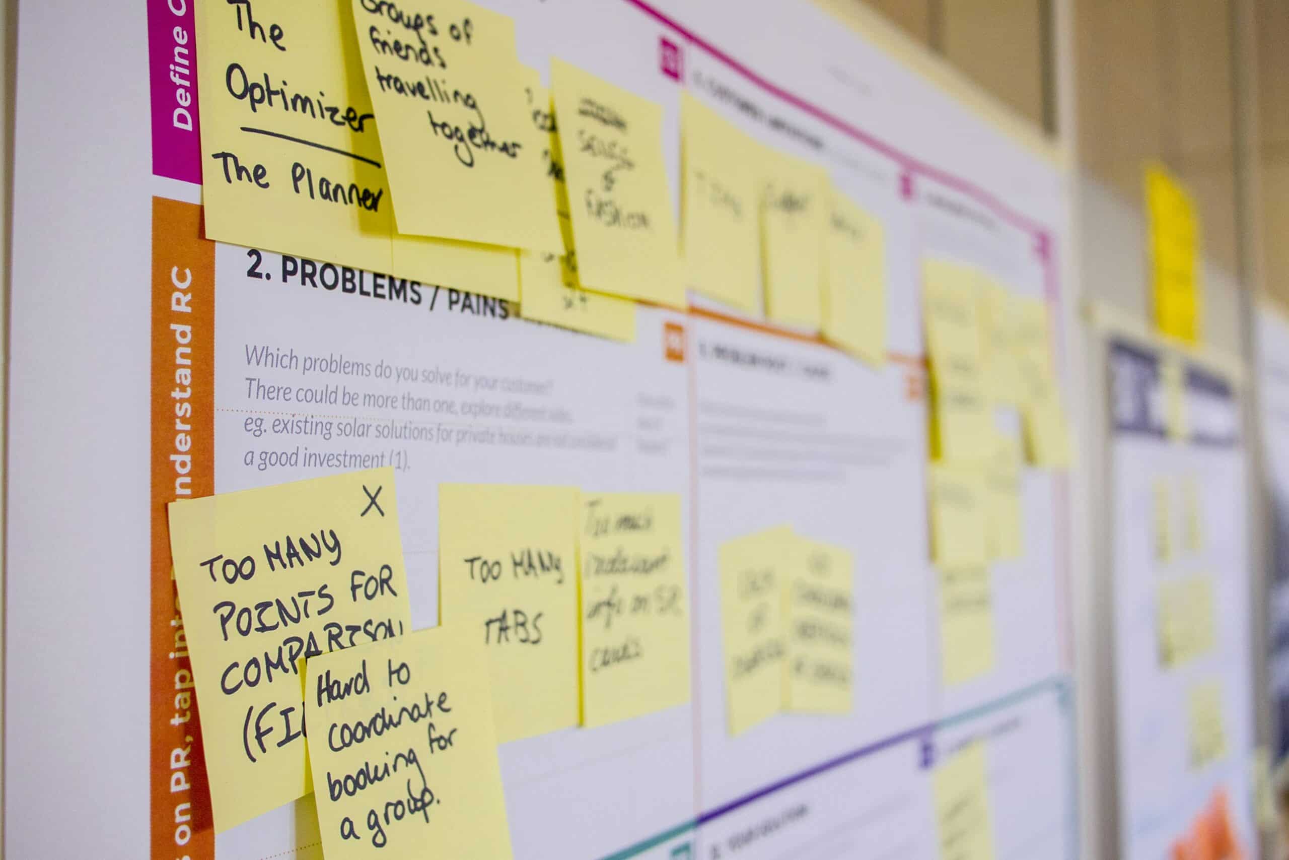 post-it collés sur tableau représentant le lean management