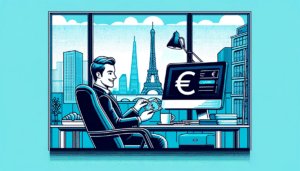 Analyste d'affaires français dans un bureau moderne, écran d'ordinateur affichant un signe de l'euro, avec la Tour Eiffel en arrière-plan, exprimant la satisfaction salariale.