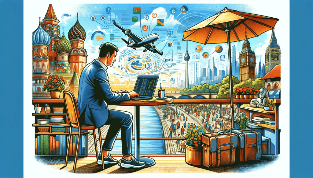 Illustration d'un data scientist travaillant depuis l'étranger, assis dans un cadre décontracté avec un paysage pittoresque en arrière-plan, concentré sur son ordinateur portable affichant des logiciels d'analyse de données.