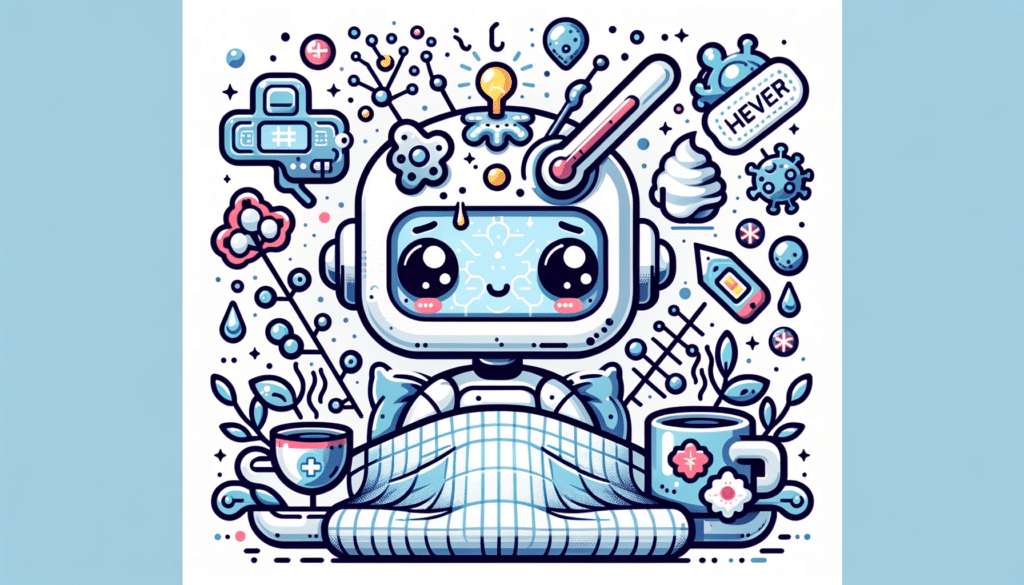 Illustration attendrissante d'une intelligence artificielle malade, sous la forme d'un personnage de robot ou d'entité numérique, avec un thermomètre dans la bouche et un patch de chaleur sur le front, entouré d'éléments réconfortants.