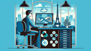 Ingénieur DevOps français travaillant devant un grand moniteur, avec la Tour Eiffel en arrière-plan, intégrant le cycle DevOps dans un cadre moderne