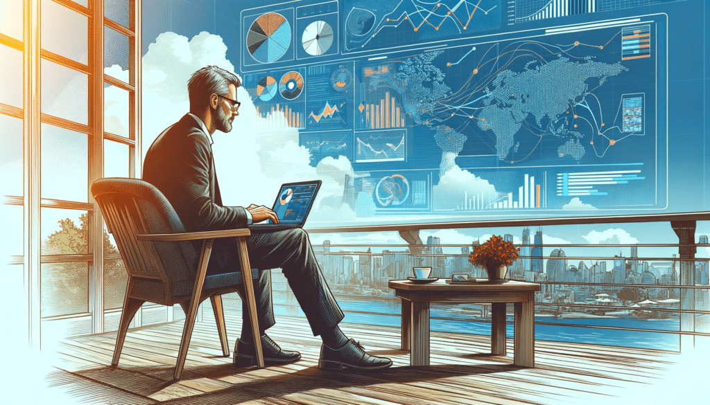 Illustration d'un Data Analyst Senior travaillant à distance depuis l'étranger, concentré sur son ordinateur portable dans un cadre décontracté avec une vue pittoresque.