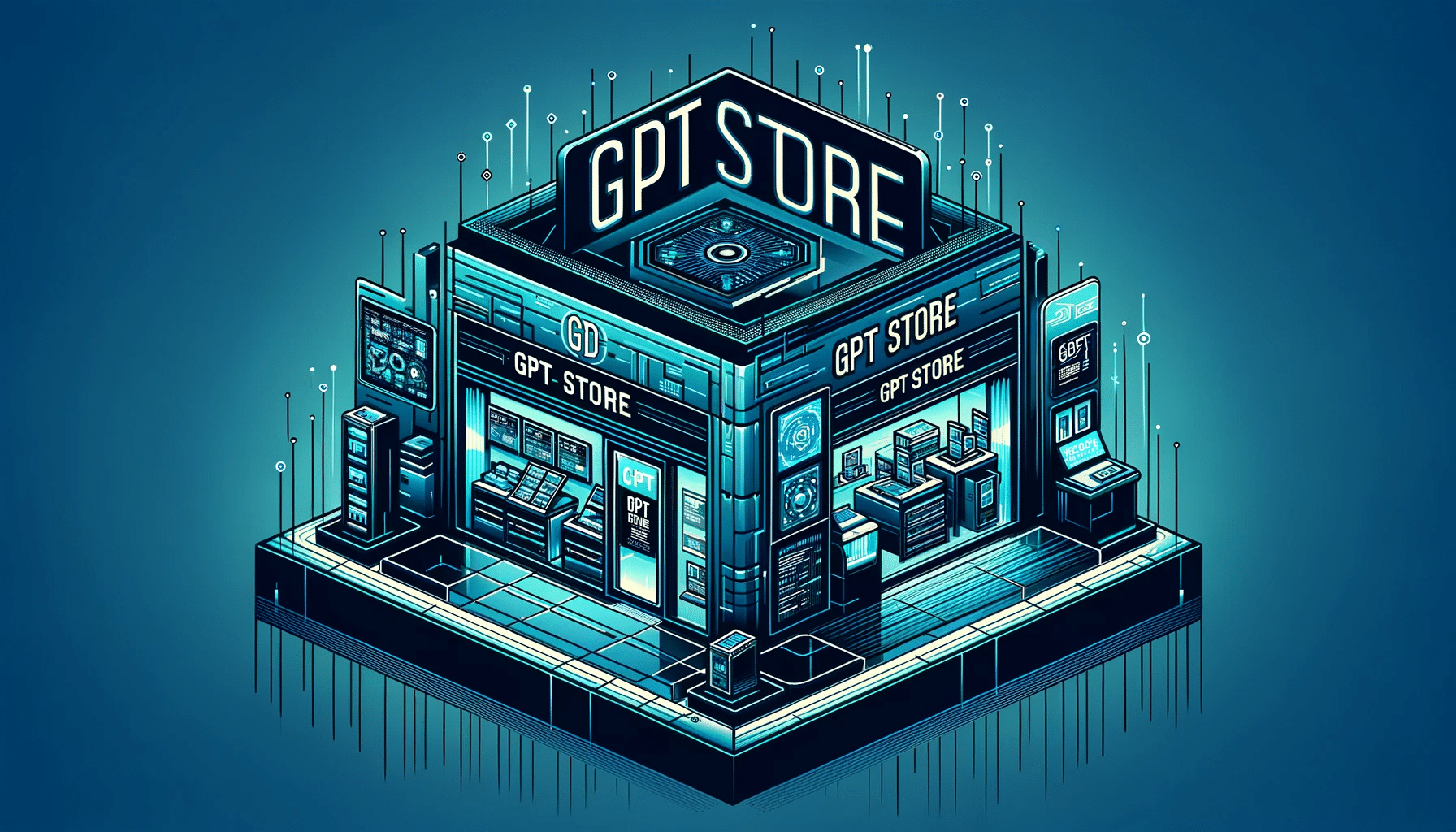 Illustration du GPT Store, un magasin futuriste de technologie avec une enseigne en bleu et turquoise, évoquant innovation et intelligence artificielle.