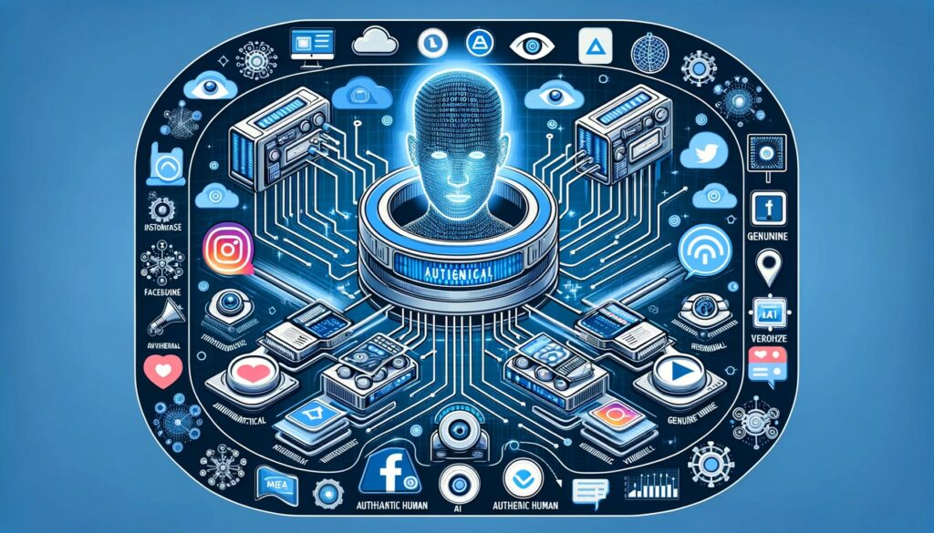 Illustration de Meta en tant que hub central équipé de technologie avancée, analysant les flux de contenu sur Facebook, Instagram et Threads pour distinguer les contenus artificiels des authentiques, avec des symboles visuels spécifiques à chaque type.