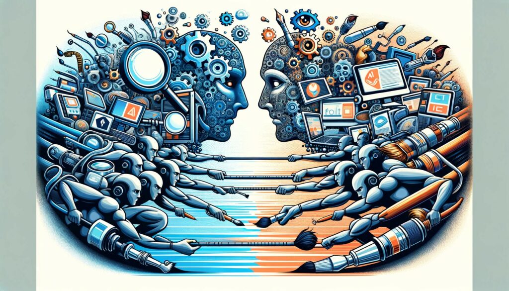 Illustration dynamique représentant la compétition entre les outils de détection de contenus artificiels, armés de loupes, d'algorithmes AI et de boucliers numériques, et les générateurs de contenus artificiels, équipés de pinceaux, stylos et outils de création numérique, dans une course à l'innovation pour produire ou détecter des contenus toujours plus réalistes et sophistiqués.