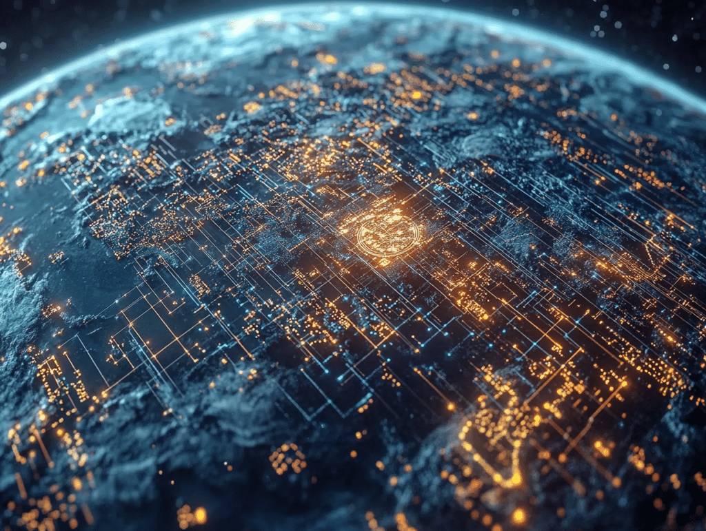 Vue de la Terre depuis l'espace avec des connexions lumineuses représentant un réseau global de données et de communication numérique.